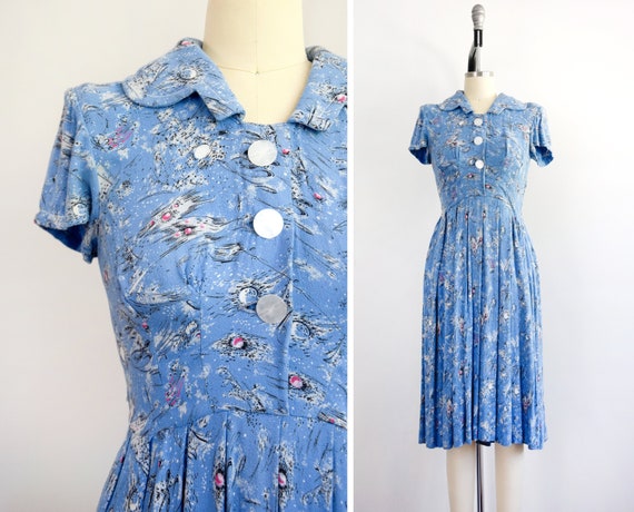 1940s Abstract Print Dress Size Small 40s Day Dres
