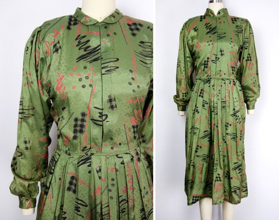 1980s Olive Green Dress Size Medium Abstract Print
