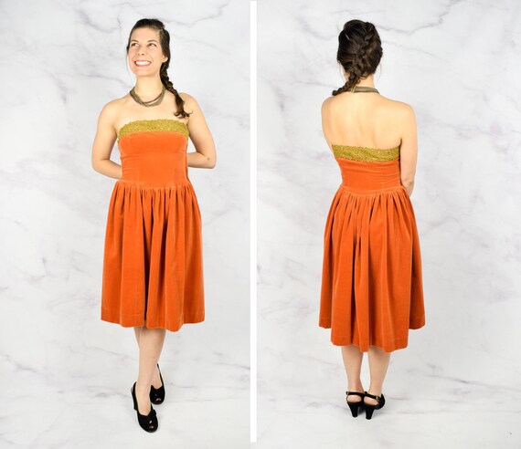1940s Velvet Party Dress with Heart Themed Saffron