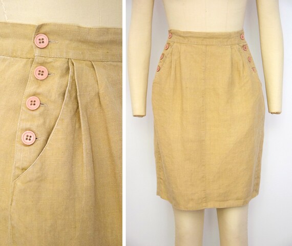 1990s Linen Sailor Skirt Size Small Khaki Linen Mi