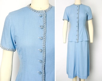 1940s Linen Dress Set Size XS 40s 40s Two Piece Dress 40s Skirt Suit Light Blue Suit