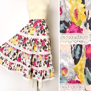 1950s Floral Skirt Size Large 50s Mexican Cotton Patio Skirt Swing Skirt Boho Skirt