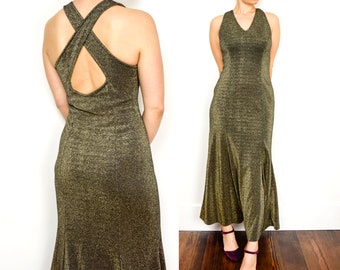 1970s Gold Maxi Dress Size Small 70s Gold Lurex Gown Vintage Maxi Dress