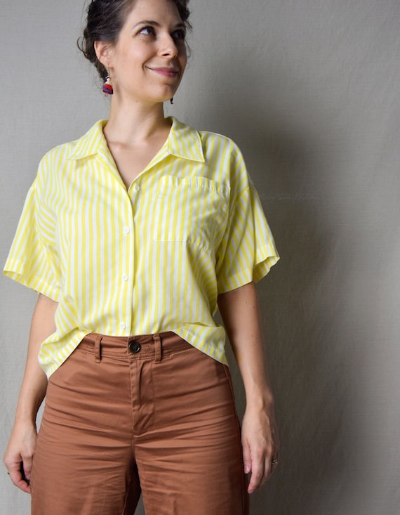1980s Yellow and White Striped Oversized Button Up