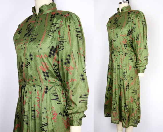 1980s Bishop Sleeve Dress Size Medium 80s Olive D… - image 3