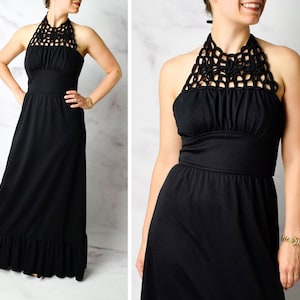 1970s Spiderweb Halter Dress Size Small 70s Halter Gown Vintage Black Maxi Dress