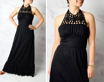 1970s Spiderweb Halter Dress Size Small 70s Halter Gown Vintage Black Maxi Dress