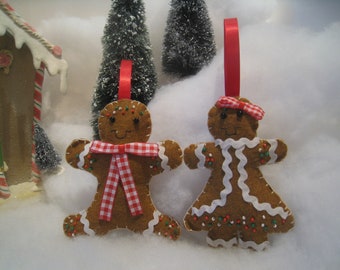 Gingerbread Man/ Gingerbread Lady/ Felt Ornament/ Beaded Christmas Ornament