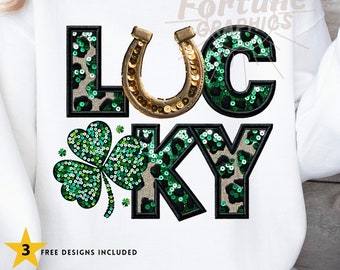 Patricks Day Faux Sequin png Lucky Faux Sequin Png Faux Embroidery Lucky Png Shamrock Shirt Sublimation Design DTF Transfer Digital Download