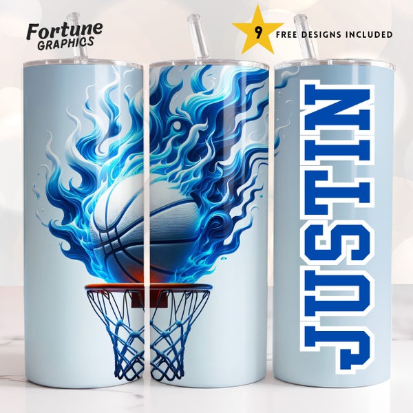 Blue Basketball Tumbler Wrap Name PNG Personalized Basketball Tumbler Design 20 oz Skinny Sublimation Coach Team Text Flame Digital Download