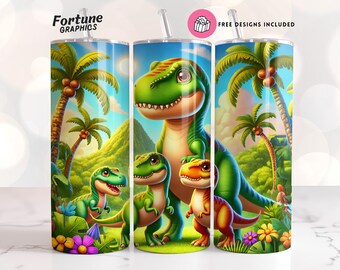 Dinosaurs Tumbler Wrap, Dinosaur Sublimation Designs, Dino Family PNG, Cartoon Character Kids 20oz Skinny Straight, Instant Digital Download