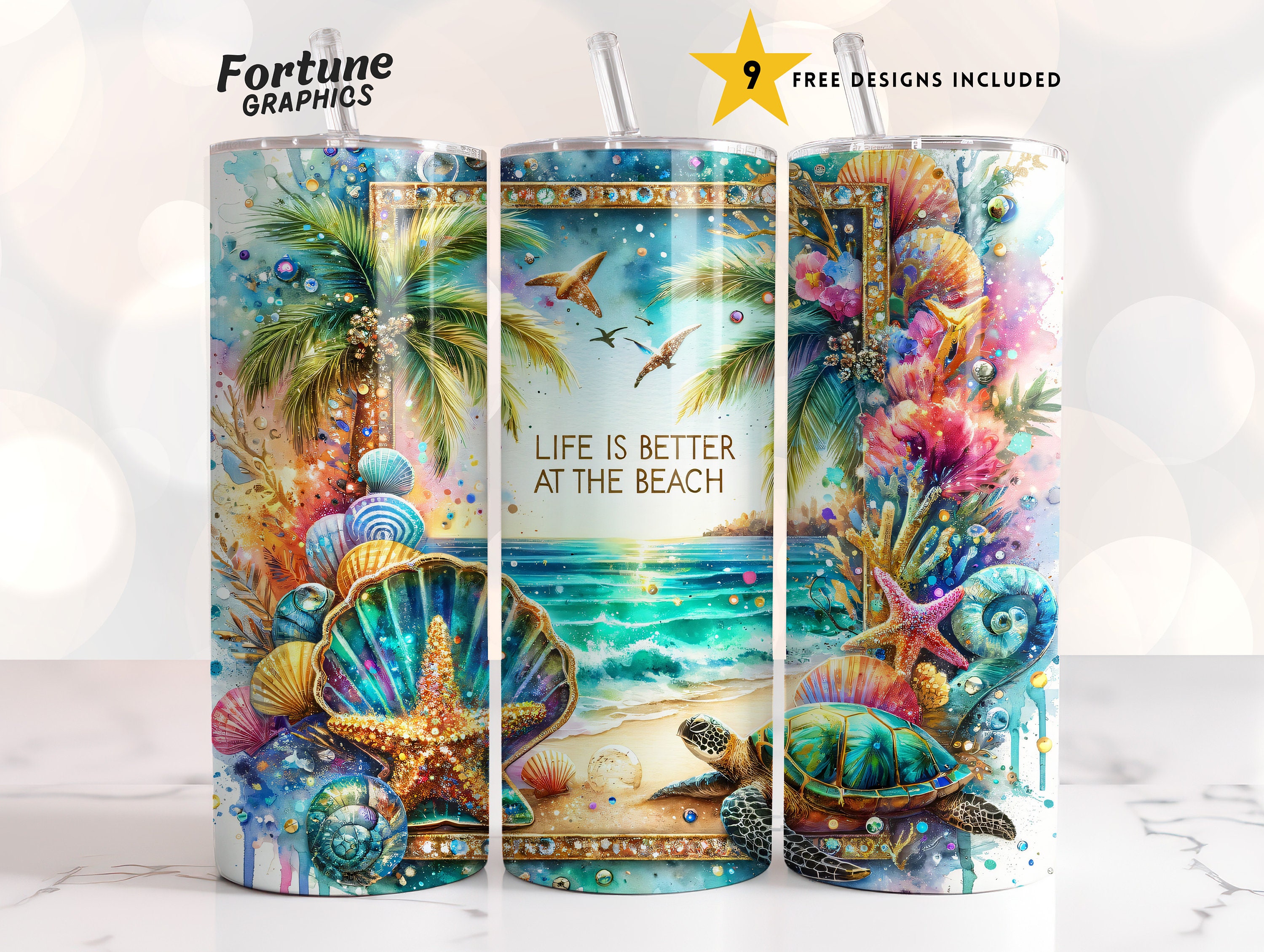 Life Is Better On The Beach Tumbler Wrap Watercolor Ocean Palm Tree Sea Turtle 20 oz Skinny Tumbler Sublimation Design Digital Download PNG
