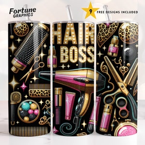 Hair Boss Tumbler Wrap Hairstylist Hairdresser Hot Pink Gold Black Hair Stylist Tumbler Png Hair Dresser Sublimation Design 20 oz Digital