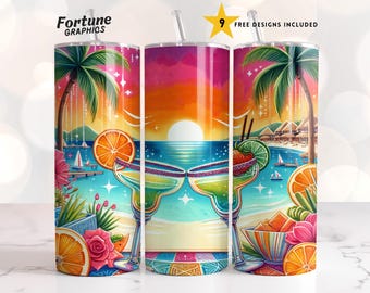 Beach And Margarita Tumbler Wrap, Beach Trip Tumbler Wrap Add Name Summer Vibes Ocean Sea 20oz Skinny Tumbler Sublimation Design PNG Digital