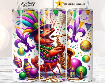 Mardi Gras Crawfish Tumbler Wrap 20 oz Skinny Tumbler Sublimation Design Digital Download PNG Crayfish New Orleans Party Tumbler Wrap