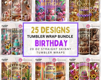 Happy Birthday Tumbler Wrap Bundle, Birthday Queen Tumbler Wrap PNG 20 oz Skinny Tumbler Digital Download Celebration Sublimation Designs