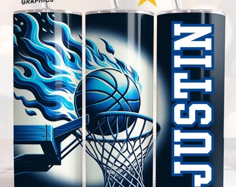 Blauwe basketbal beker wrap naam PNG personaliseren basketbal beker ontwerp 20 oz mager sublimatie coach team tekst vlam digitale download