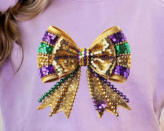 Mardi Gras Coquette Bow Png, New Orleans Mardi Gras Png for Shirt, Louisiana Festival T-Shirt PNG Carnival Beads Tee Sublimation Design