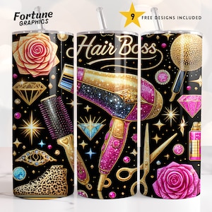 Hair Boss Tumbler Wrap Hairstylist Hairdresser Hot Pink Gold Black Hair Stylist Tumbler Png Hair Dresser Sublimation Design 20 oz Digital