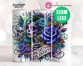 Tattoo Artist 20oz Skinny Tumbler Wrap, Inked Sublimation Design Skeleton Sugar Skull Girl Candy Anxiety Digital PNG, Tattooist Tumbler Wrap