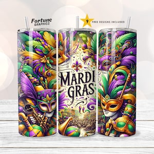 マルディグラ昇華タンブラーラップ 20 オンス スキニータンブラー昇華デザイン デジタルダウンロード PNG インスタント、パープルグリーンマスクタンブラーラップ