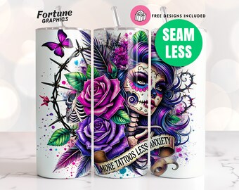 Tätowierer 20 Unzen Skinny Tumbler Wrap, eingefärbten Sublimationsdesign Skelett Zuckerschädel Mädchen Candy Angst Digital PNG, Tätowierer Tumbler Wrap