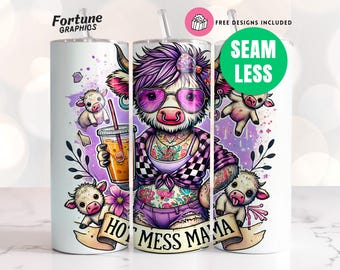 Hot Mess Mom Tumbler Png, Funny Highland Cow Tumbler Wrap Mommy Stay at Home Mama  SAHM  Seamless Tumbler 20oz Sublimation Design Digital