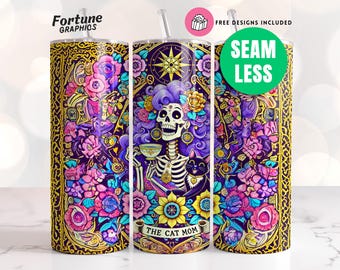 Cat Mom Skinny Tumbler, Sarcastic Skeleton Tumbler Wrap, Skeleton Mom Tumbler Wrap, 20 oz Sublimation Design, Sugar Skull Tarot Card PNG