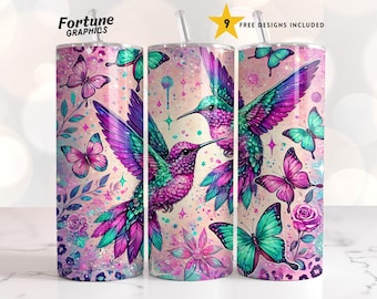Hummingbird Tumbler Wrap, 20 oz Skinny Sublimation Tumbler Designs, Humming Bird and Butterfly Tumbler PNG, Floral Tumbler Wrap Digital