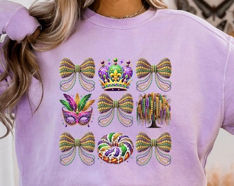 Mardi Gras Coquette bow Png, Mardi Gras Png, Fleur de Lis Png, Mardigras clipart, King Cake Bead Tree Mask 3x3 Sublimation Design Download
