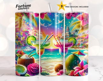 Mexico Vacation Tumbler Wrap, Beach And Margarita Tumbler Wrap, Cancun Trip Ocean Sea 20oz Skinny Tumbler Sublimation Design Add Name PNG
