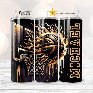 Flaming Basketball Tumbler with Name PNG Tumbler Wrap 20 oz Skinny Tumbler Sublimation Design Digital Download Team Name Text Tumbler Design