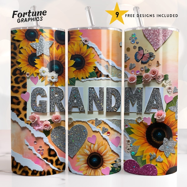 Grandmother Png For Tumbler Grandma Tumbler Wrap Mothers Day Sunflowers Glitter Rustic Country 20 oz Sublimation Design Digital Download Png