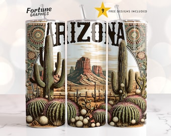 May include: Three 20 ounce stainless steel tumblers with a desert landscape design. The tumblers feature a cactus, a mountain range, and the word "ARIZONA" in a vintage font.