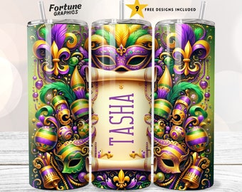 Mardi Gras Tumbler PNG with Name Tumbler Wrap 20 oz Skinny Tumbler Sublimation Design Digital Download PNG Instant Personalized Tumbler Wrap