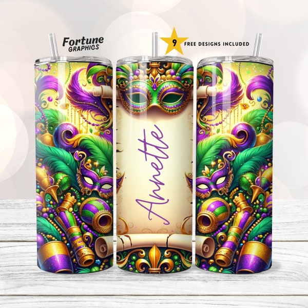 Mardi Gras Tumbler PNG with Name Tumbler Wrap 20 oz Skinny Tumbler Sublimation Design Digital Download PNG Instant Personalized Tumbler Wrap