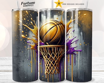 3d Basketball Tumbler Wrap 20 oz Skinny Sublimation Design Straight Digital Download Add Name PNG Basketball Tumbler Wrap Purple Gold Sports