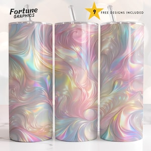 May include: Three stainless steel tumblers with a holographic iridescent swirl design. The tumblers are pink, white, and blue.