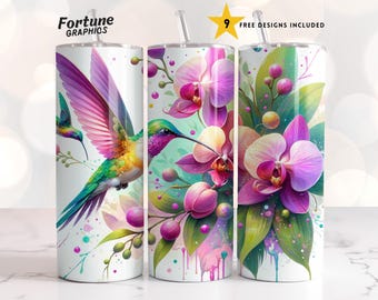 Hummingbird Tumbler Wrap, 20 oz Skinny Sublimation Tumbler Designs, Hummingbird Sublimation Tumbler Design, Orchid Tumbler Wrap Digital File