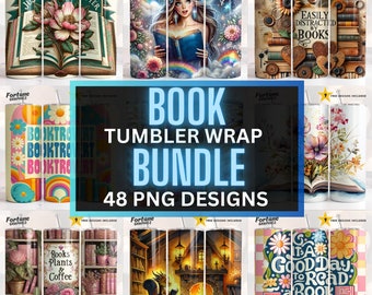 May include: A set of 48 book-themed tumbler wrap designs. The designs feature a variety of book-related images, including books, flowers, coffee, and fireplaces. The designs are perfect for creating custom tumblers for book lovers.