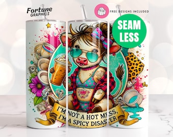 Funny Highland Cow Tumbler Wrap: Hot Mess Spicy Disaster (PNG Digital Download)