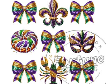 Mardi Gras Coquette bow Png, Mardi Gras Png, Glitter Crawfish Faux Sequin Fleur de Lis Png, Mardigras clipart King Cake Mask 3x3 Sublimation