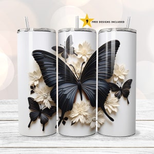 3D Butterfly Floral 20 oz Skinny Tumbler Sublimation Design Instant Digital Download PNG Straight Tumbler Wrap 3D Tumbler Design Black White
