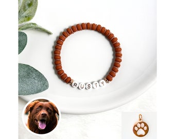 Custom Dog Name Bracelet with Rusty Brown Fur Pattern and Paw Print Charm Option, Service Dog Keepsake Gift