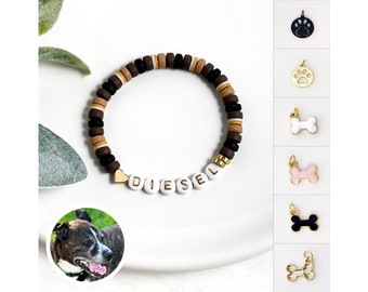 Custom Dog Name Bracelet with Brindle Fur Pattern with Bone & Paw Print Charm Options, Rescue Dog Gift