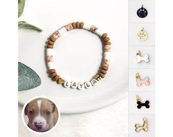 Custom Dog Name Bracelet with Brown & White Fur Pattern and Paw Print or Bone Charm Option, Rescue Dog Adoption Gift