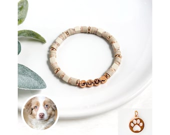Dog Name Bracelet with Cream Fur Pattern and Paw Print Charm Option, Great Adoption Day Gift
