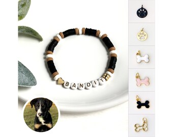 Custom Dog Name Bracelet with Black, Tan, and White Fur Pattern and Paw Print and Bone Charm Option, New Puppy Gift