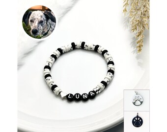 Personalized Dog Name Bracelet with Black & White Fur Pattern and Paw Print Charm Option, Ready to Gift