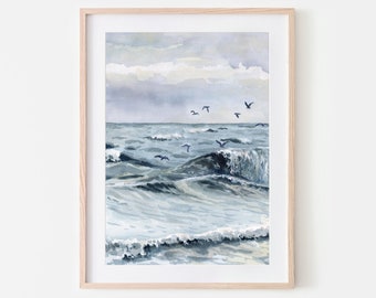 May include: A watercolor painting of a stormy sea with waves crashing and a flock of birds flying overhead. The sky is a muted gray with hints of blue and white.